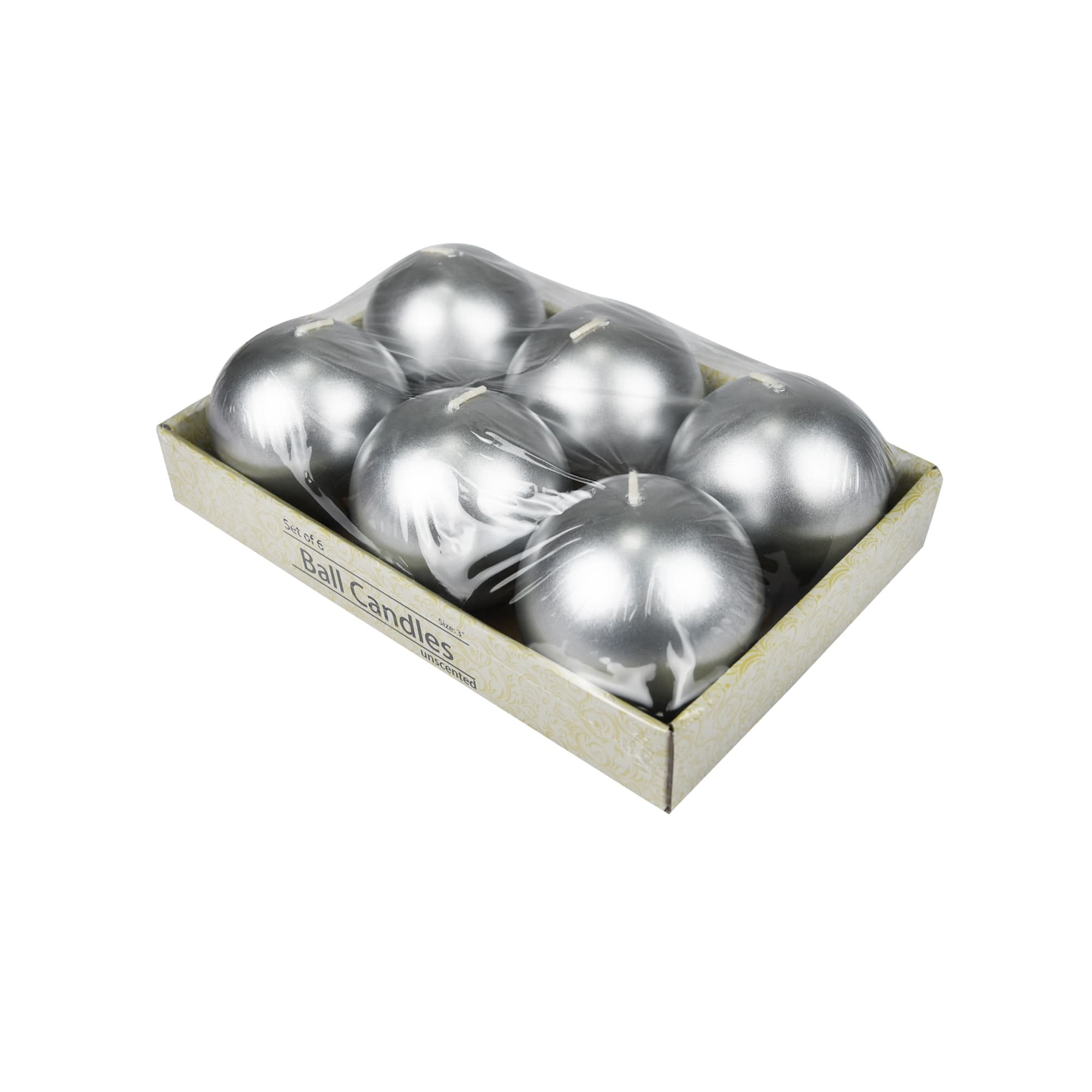 3 Inch Metallic Silver Ball Candles (6pc/Box)