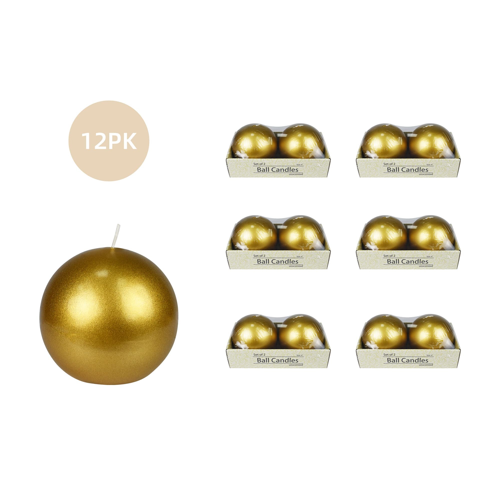 4 Inch Metallic Gold Ball Candles (12pcs/Case) Bulk