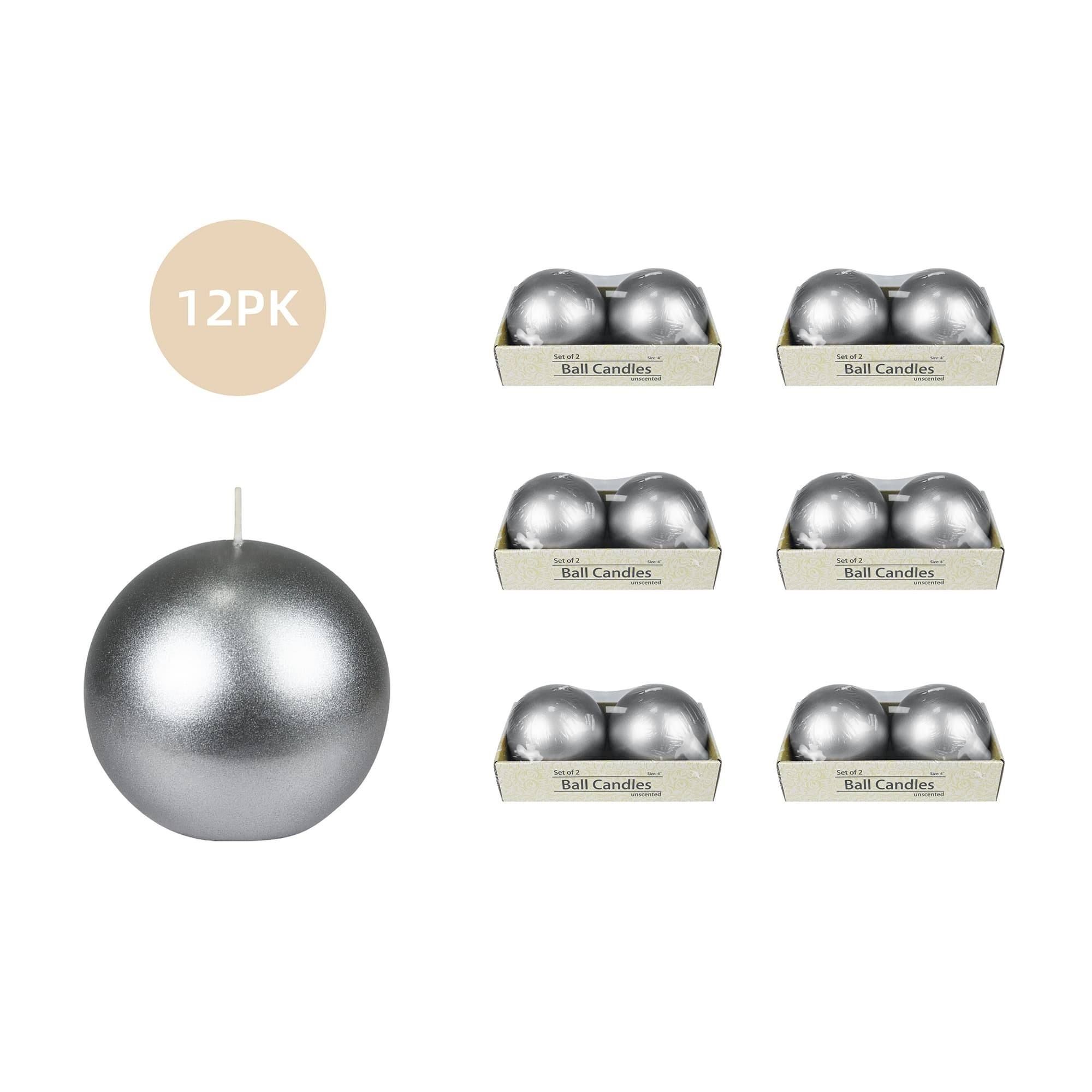 4 Inch Metallic Silver Ball Candles (12pcs/Case) Bulk