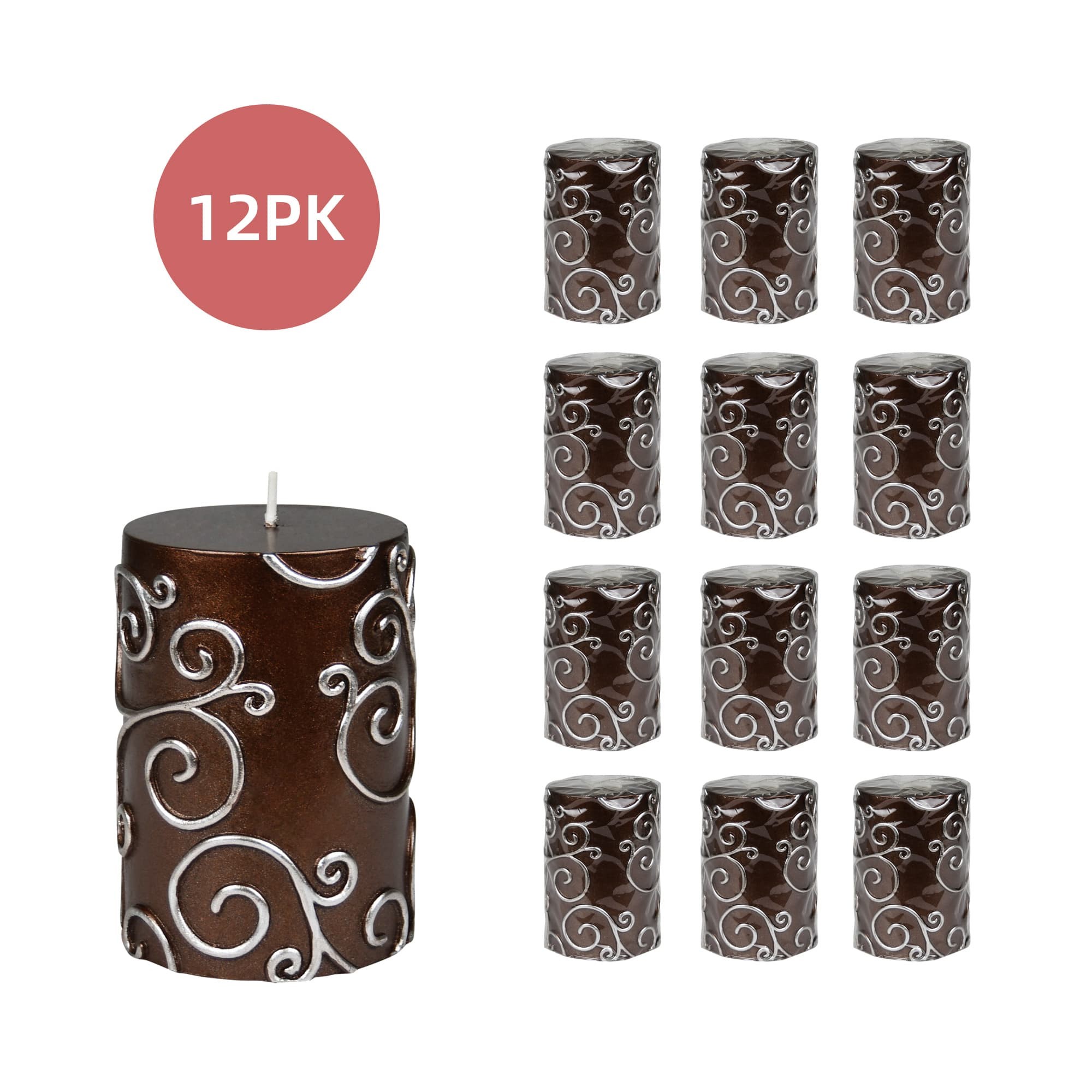 3 x 4 Inch Brown Scroll Pillar Candle (12pcs/Case) Bulk 3 x 4 Inch Brown Scroll Pillar Candle (12pcs/Case) Bulk