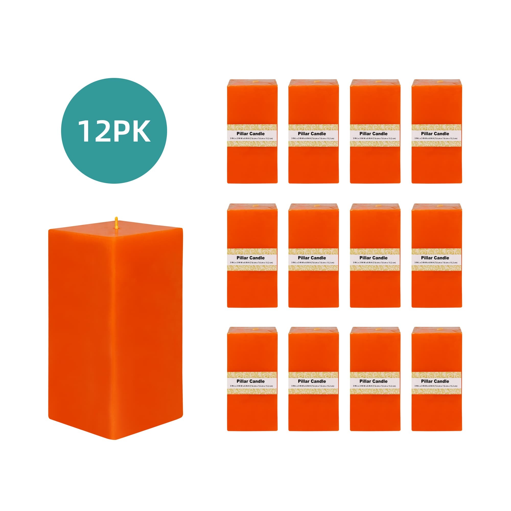 3 x 6 Inch Orange Square Pillar Candle  (12pcs/Case) Bulk