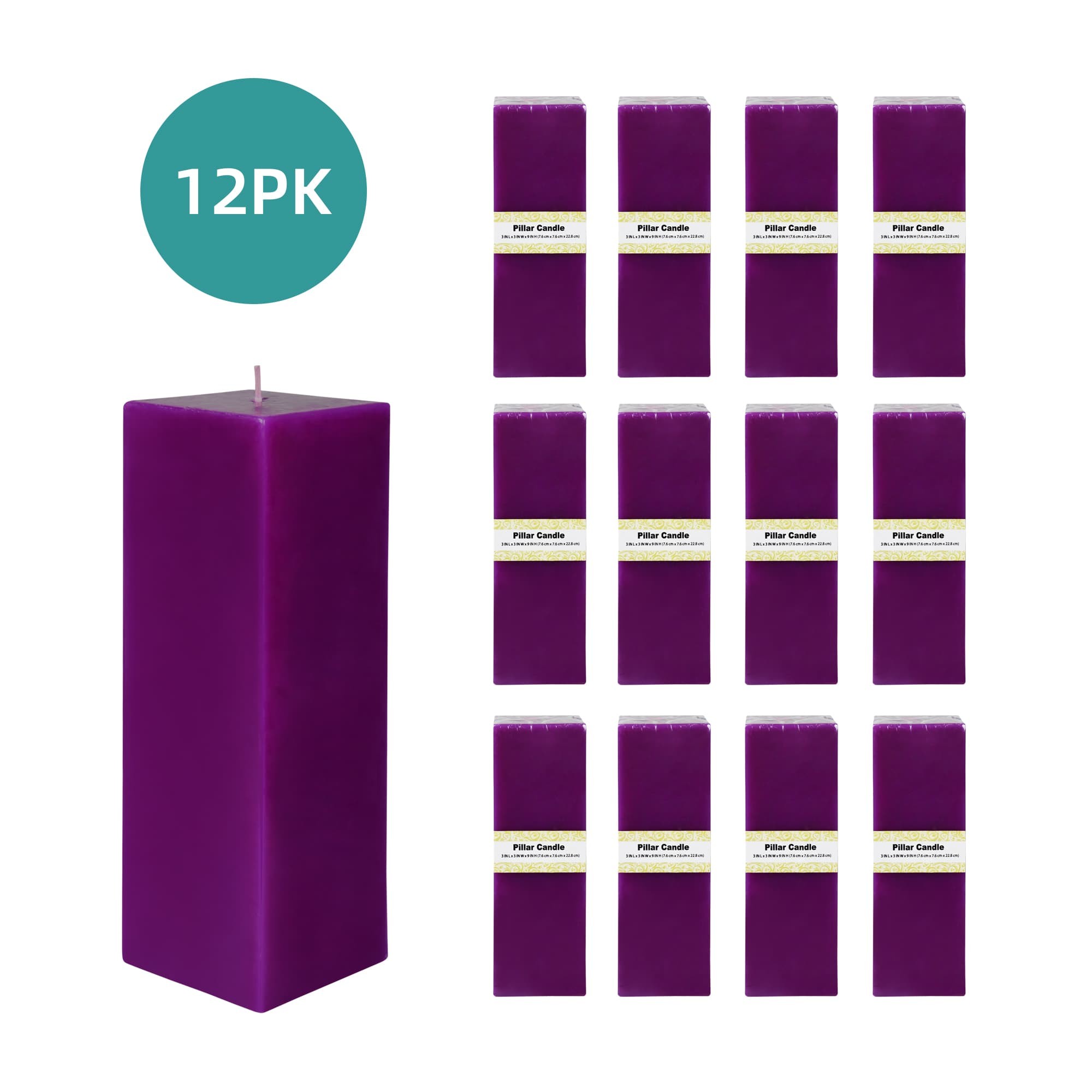 3 x 9 Inch Purple Square Pillar Candle (12pcs/Case) Bulk
