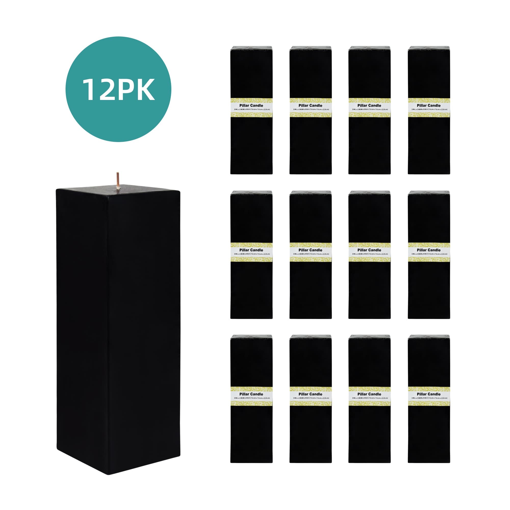 3 x 9 Inch Black Square Pillar Candle (12pcs/Case) Bulk