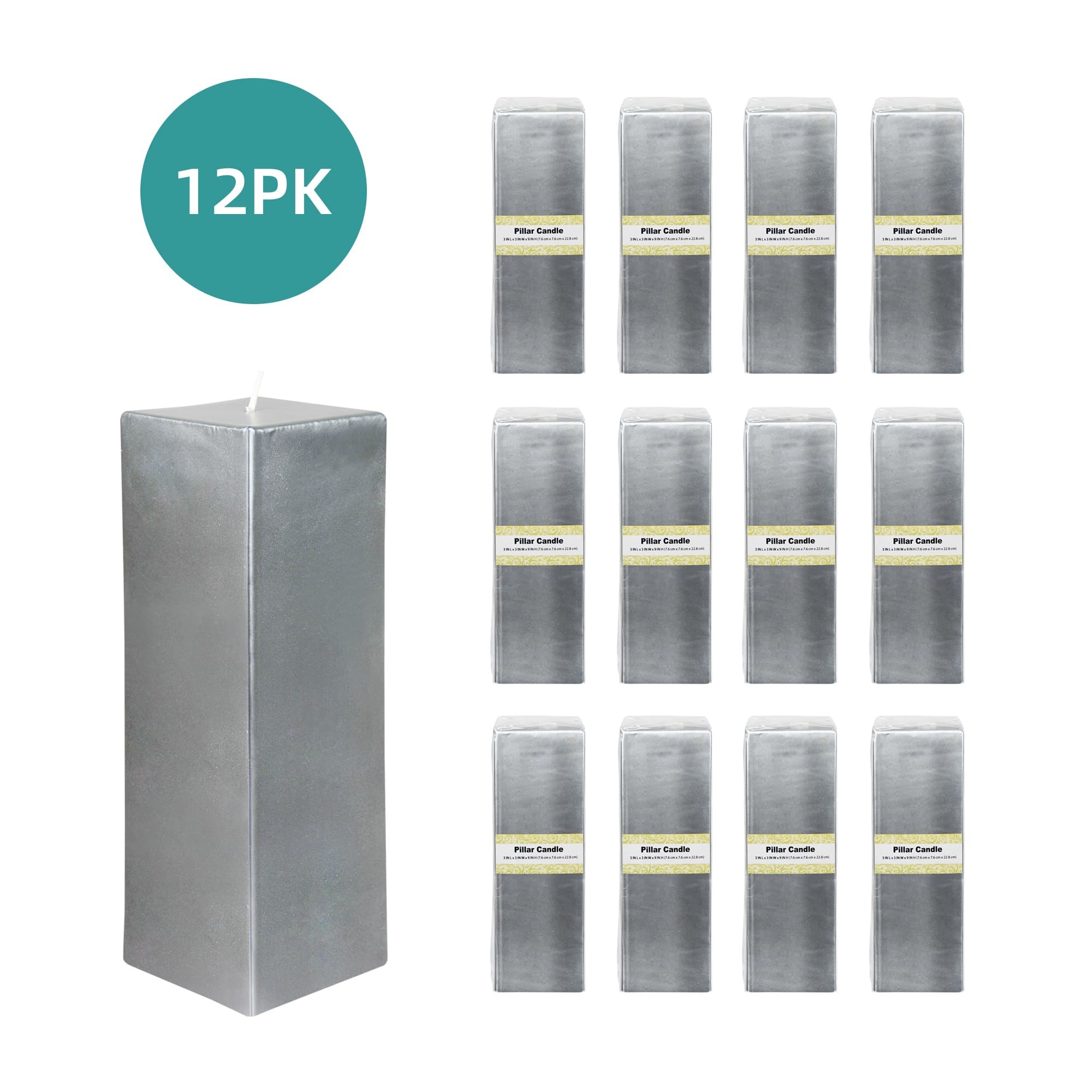 3 x 9 Inch Metallic Silver Square Pillar Candle (12pcs/Case) Bulk