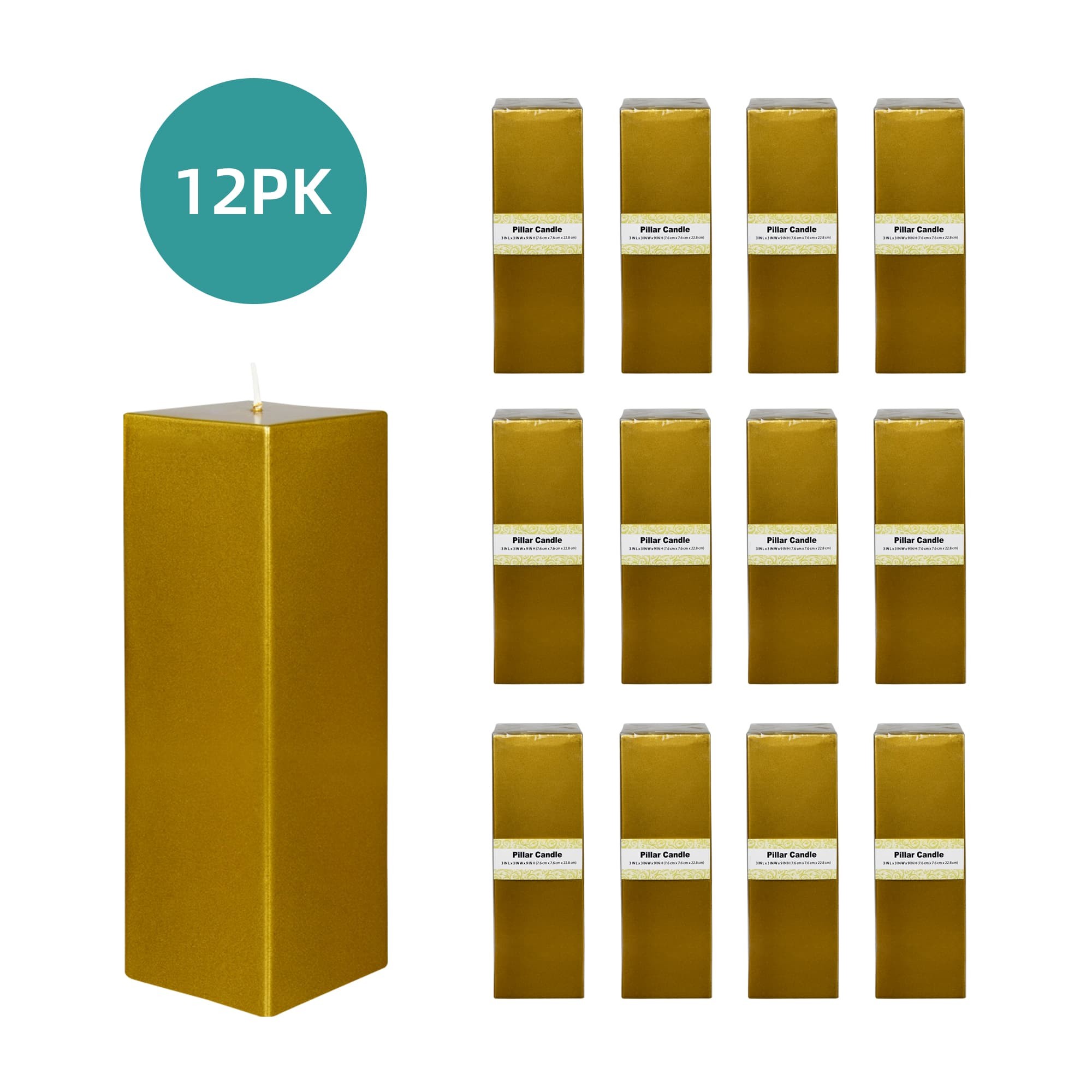 3 x 9 Inch Metallic Bronze Gold Square Pillar Candle (12pcs/Case) Bulk