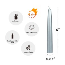6 Inch Metallic Silver Taper Candles (1 Dozen)