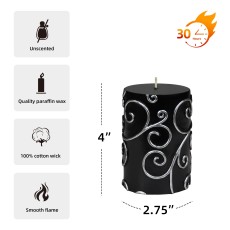 3 x 4 Inch Black Scroll Pillar Candle