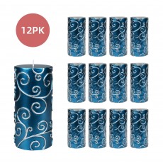 3 x 6 Inch Blue Scroll Pillar Candle (12pcs/Case) Bulk