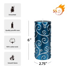 3 x 6 Inch Blue Scroll Pillar Candle