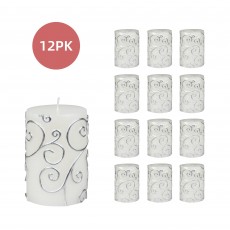 3 x 4 Inch White Scroll Pillar Candle (12pcs/Case) Bulk