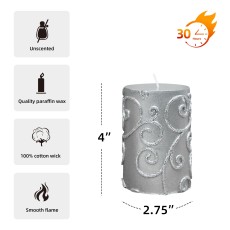 3 x 4 Inch Silver Scroll Pillar Candle