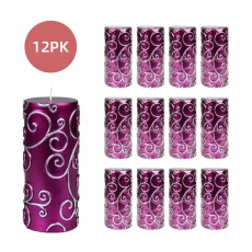 3 x 6 Inch Purple Scroll Pillar Candle (12pcs/Case) Bulk